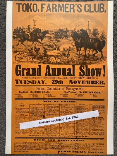 VINTAGE POSTER: Tokomairino Farmer's Club 1887