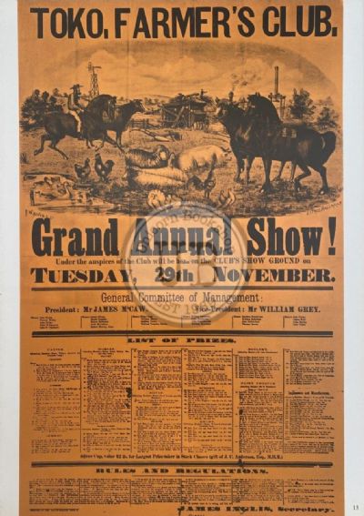 VINTAGE POSTER: Tokomairino Farmer's Club 1887 