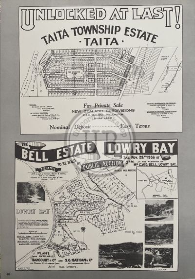 VINTAGE POSTER: Taita and Lowry Bay Subdivisions / Sections, Wellington 1930s 