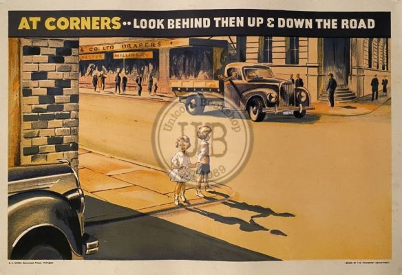 VINTAGE POSTER: Children's Road Safety - At Corners...Look Behind..