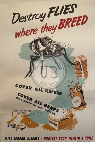 VINTAGE POSTER: New Zealand Department of Health / Flies Spread Disease