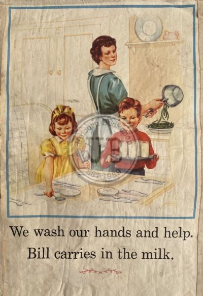 VINTAGE POSTER: We wash our hands and help - Bill carries in the milk