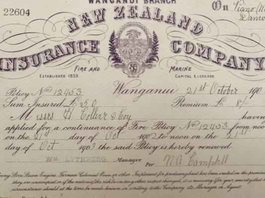 ANTIQUE INVOICE / RECEIPT: New Zealand Insurance Co. - policy renewal 1902