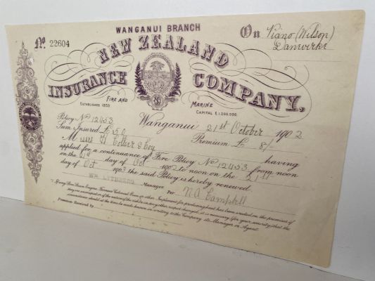 ANTIQUE INVOICE / RECEIPT: New Zealand Insurance Co. - policy renewal 1902