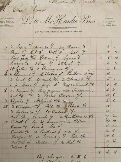 ANTIQUE INVOICE: McHardie Bros, Marton - Groceries, Drapery and Clothing 1882
