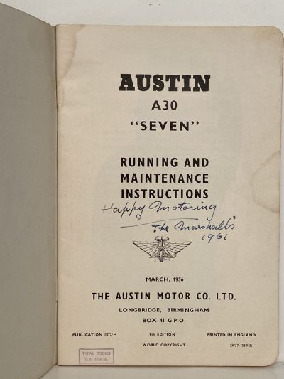 AUSTIN A30 SEVEN: Running and Maintenance Instructions