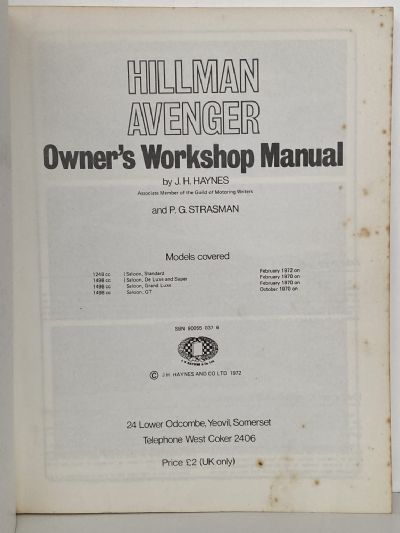 HILLMAN AVENGER: Owner's Workshop Manual - 1970 onwards