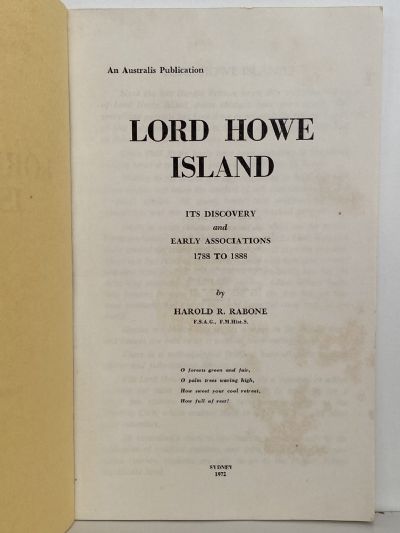 LORD HOWE ISLAND: Its Discovery and Early Associations 1788 to 1888