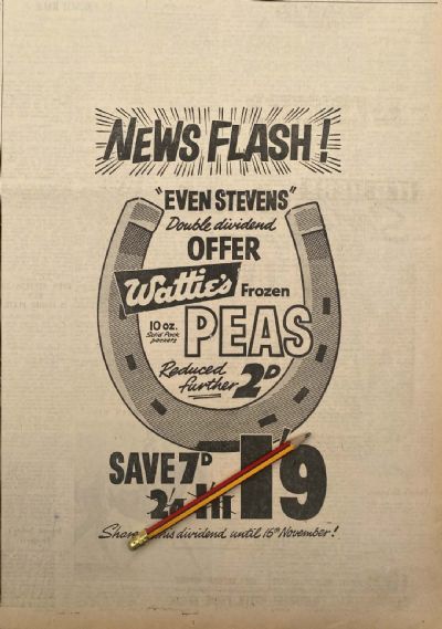 VINTAGE NEWSPAPER ADVERT: Watties Frozen Peas 1962