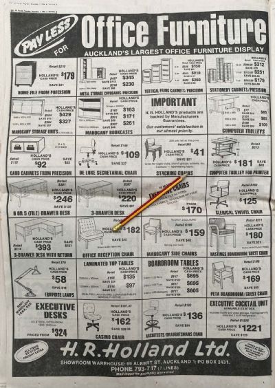 VINTAGE NEWSPAPER ADVERT: H.R. Holland Ltd / Office Furniture 1984