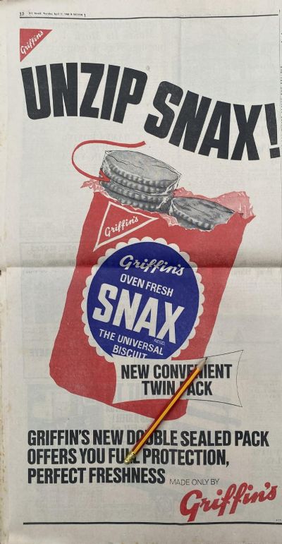 VINTAGE NEWSPAPER ADVERT: Griffins Unzip Snax ! 1968
