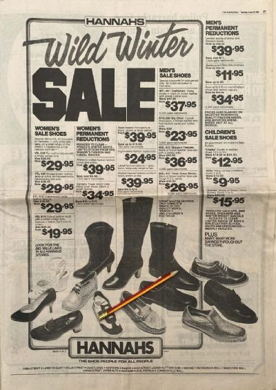 VINTAGE NEWSPAPER ADVERT: Hannahs Shoes 1982