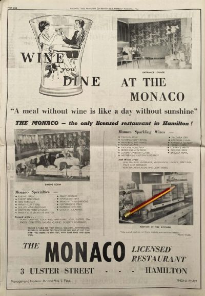 VINTAGE NEWSPAPER ADVERT: The Monaco Licensed Restaurant, Hamilton 1964