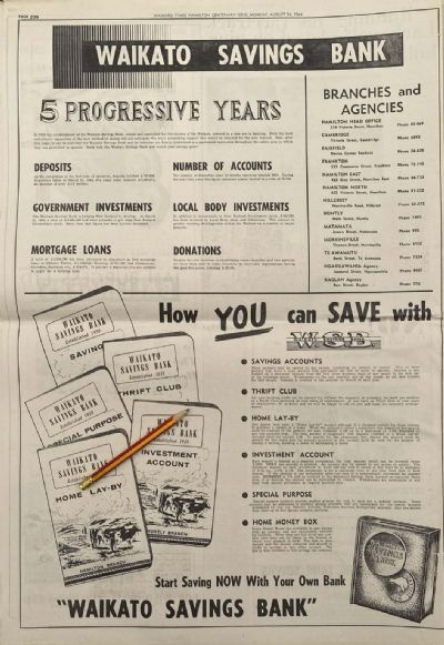 VINTAGE NEWSPAPER ADVERT: Waikato Savings Bank 1964