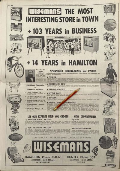 VINTAGE NEWSPAPER ADVERT: Wisemans, Hamilton and Huntly 1964