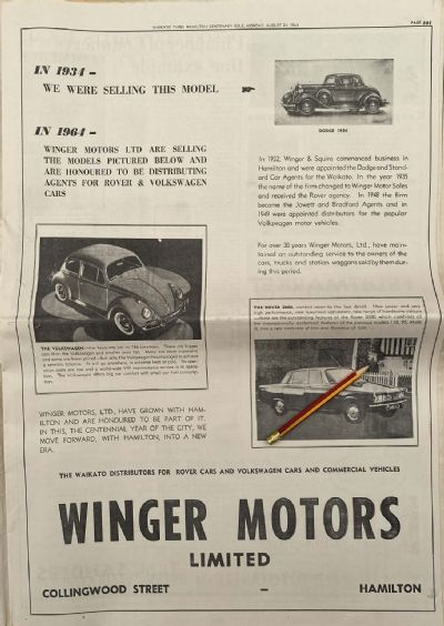 VINTAGE NEWSPAPER ADVERT: Winger Motors Ltd, Hamilton 1964