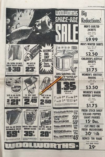 VINTAGE NEWSPAPER ADVERT: Woolworths Space Age Sale - 22 July 1969