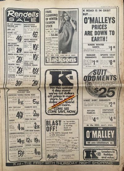 VINTAGE NEWSPAPER ADVERT: K-Road Come Save now 1969