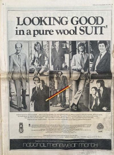 VINTAGE NEWSPAPER ADVERT: Pure Wool Suit / National Menswear Month 1972