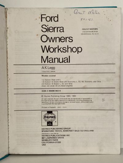 FORD SIERRA Owners Workshop Manual: 1982 to 1983 - 1300, 1600, 2000 models