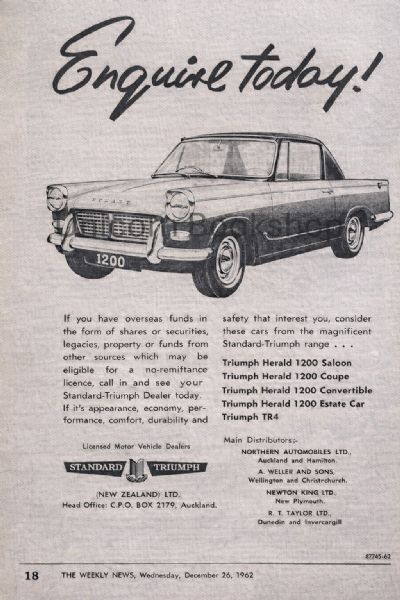 VINTAGE NEWSPAPER ADVERTISMENT: 1962 Triumph Herald