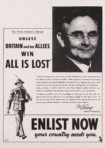 VINTAGE POSTER ADVERT: This New Zealand Military Recruitment - M.J. Savage 1940