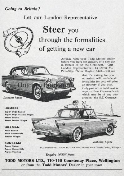 VINTAGE POSTER: Todd Motors - 1960 Sunbeam Rapier and Alpine