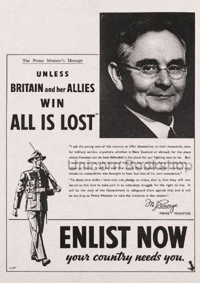 VINTAGE POSTER ADVERT: This New Zealand Military Recruitment - M.J. Savage 1940