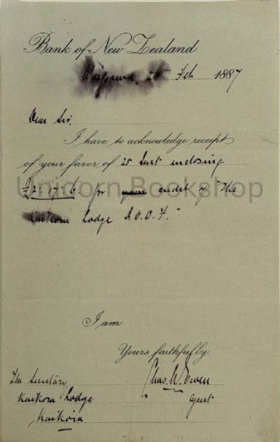 ANTIQUE RECEIPT: Bank of New Zealand, Waipawa 1887