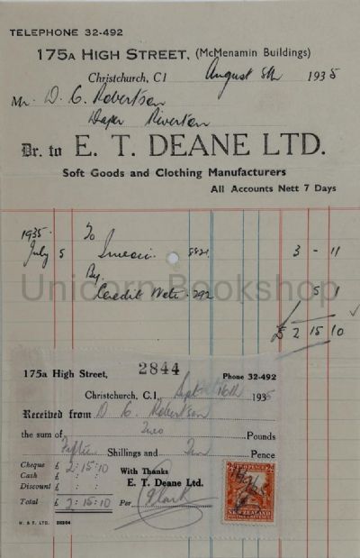 VINTAGE INVOICE: E. T Deane Ltd, Christchurch - Soft Goods 1935