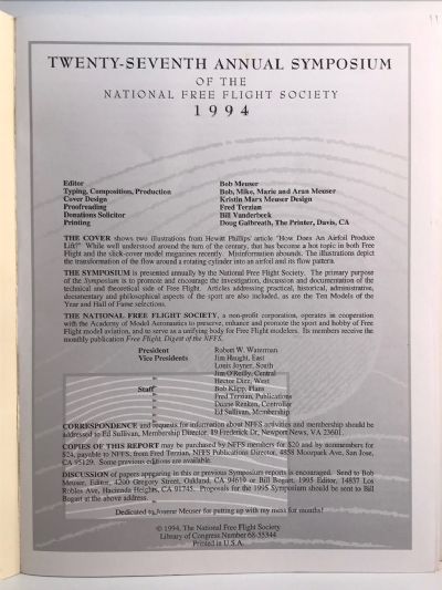 TWENTY-SEVENTH ANNUAL SYMPOSIUM: Of the National Free Flight Society 1994
