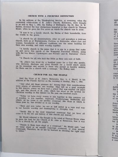 CENTENNIAL OF ST. JOHN'S CHURCH, MATARAWA (Wanganui) 1866 to 1966