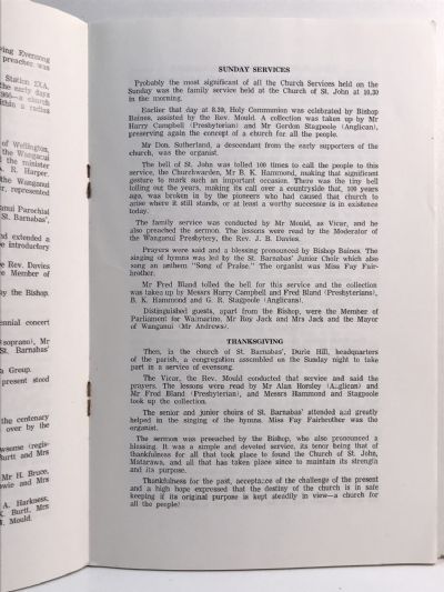 CENTENNIAL OF ST. JOHN'S CHURCH, MATARAWA (Wanganui) 1866 to 1966