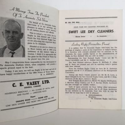 North Maoris vs Southern Maoris: Prince of Wales Cup 1964. Official opening of Te Awamutu Stadium