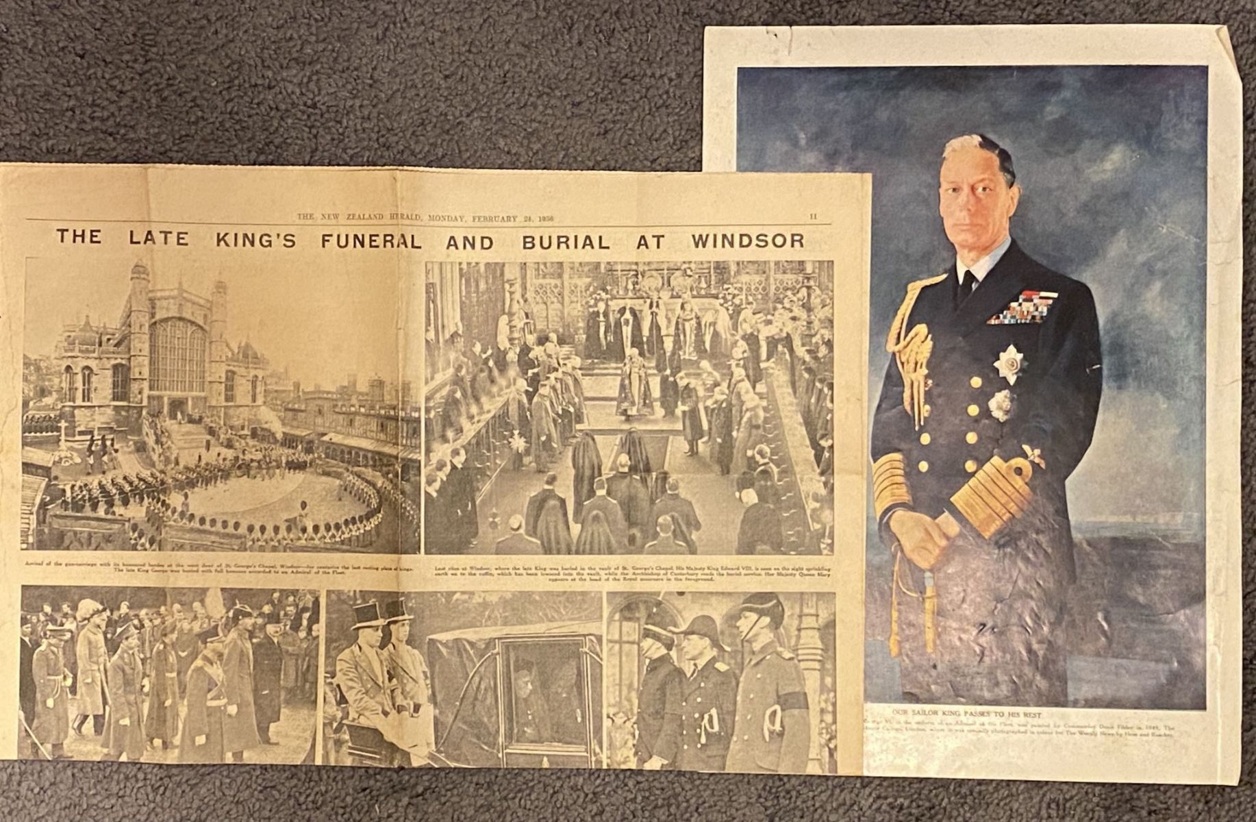 OLD NEWSPAPER + PORTRAIT: New Zealand Herald - The King's Funeral, 24 Feb 1936
