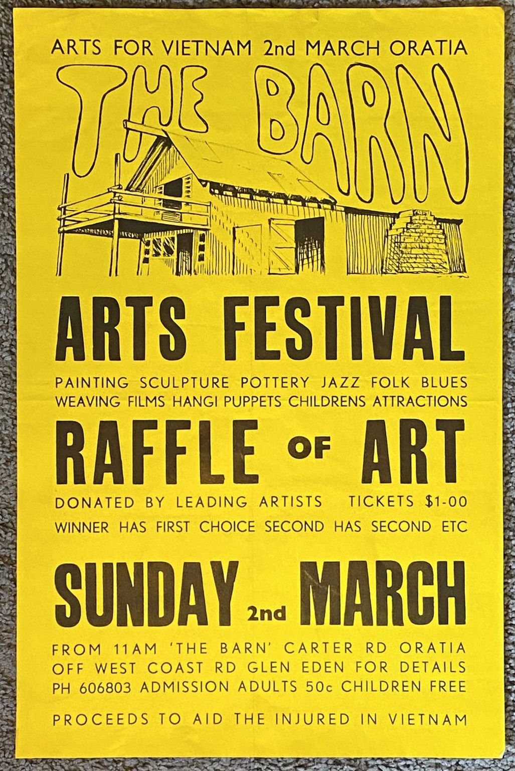VINTAGE POSTER: The Barn Arts Festival Raffle of Art - Vietnam War 1960s