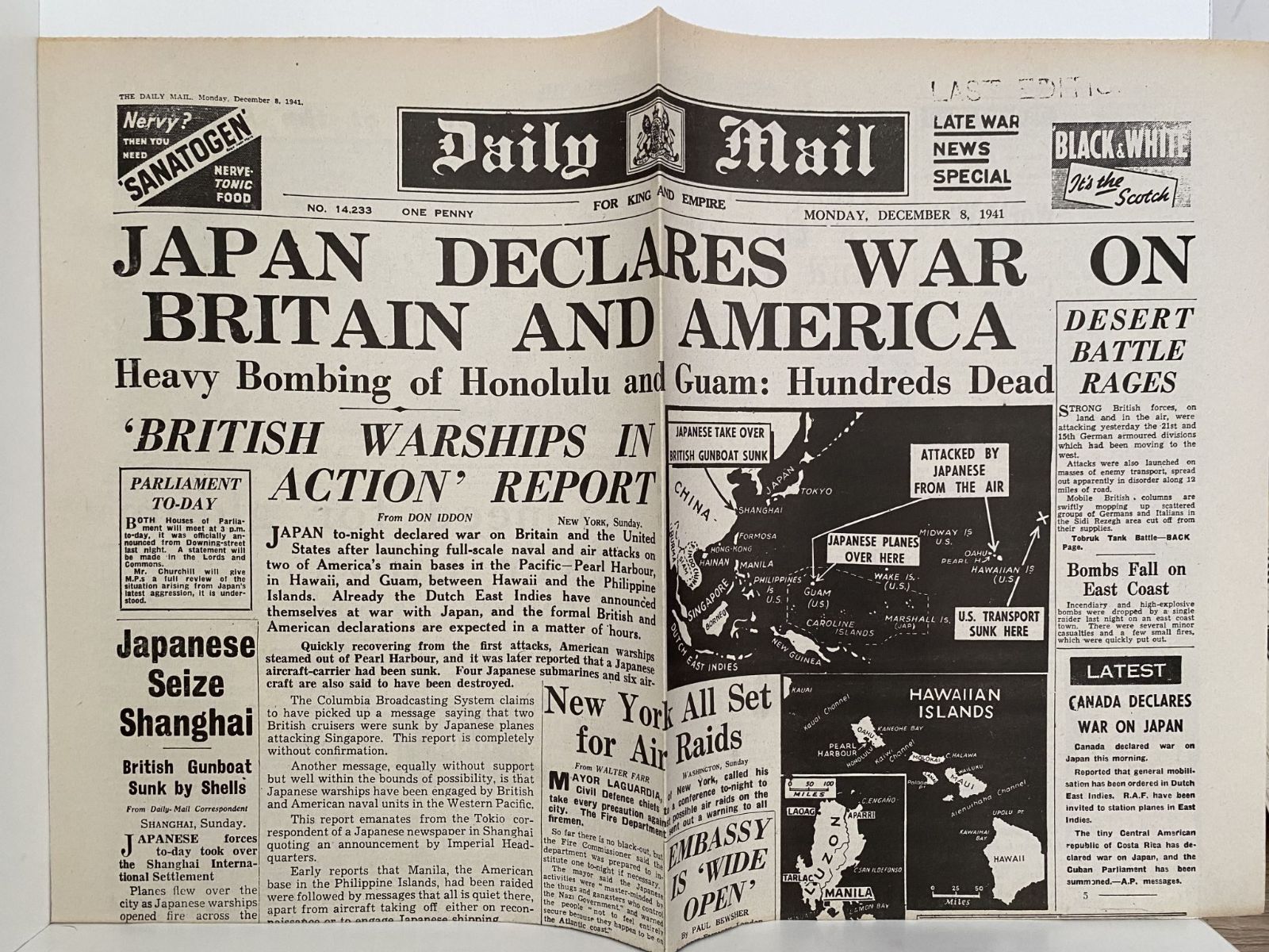 OLD WARTIME NEWSPAPER: Daily Mail, Monday 8th December 1941
