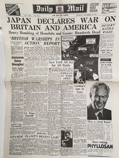 OLD WARTIME NEWSPAPER: Daily Mail, Monday 8th December 1941