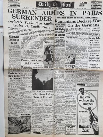 OLD WARTIME NEWSPAPER: Daily Mail, Saturday 26th August 1944