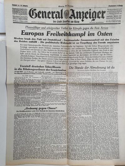 OLD WARTIME NEWSPAPER: General Anzeiger, Monday 23rd June 1941