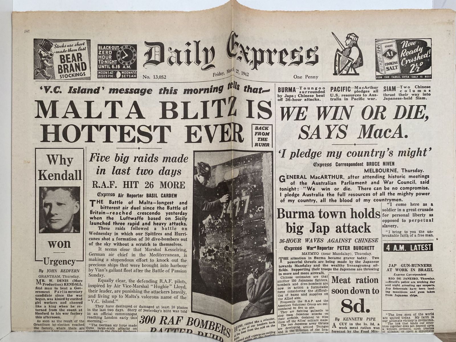 OLD WARTIME NEWSPAPER: Daily Express, Friday 27th March 1942