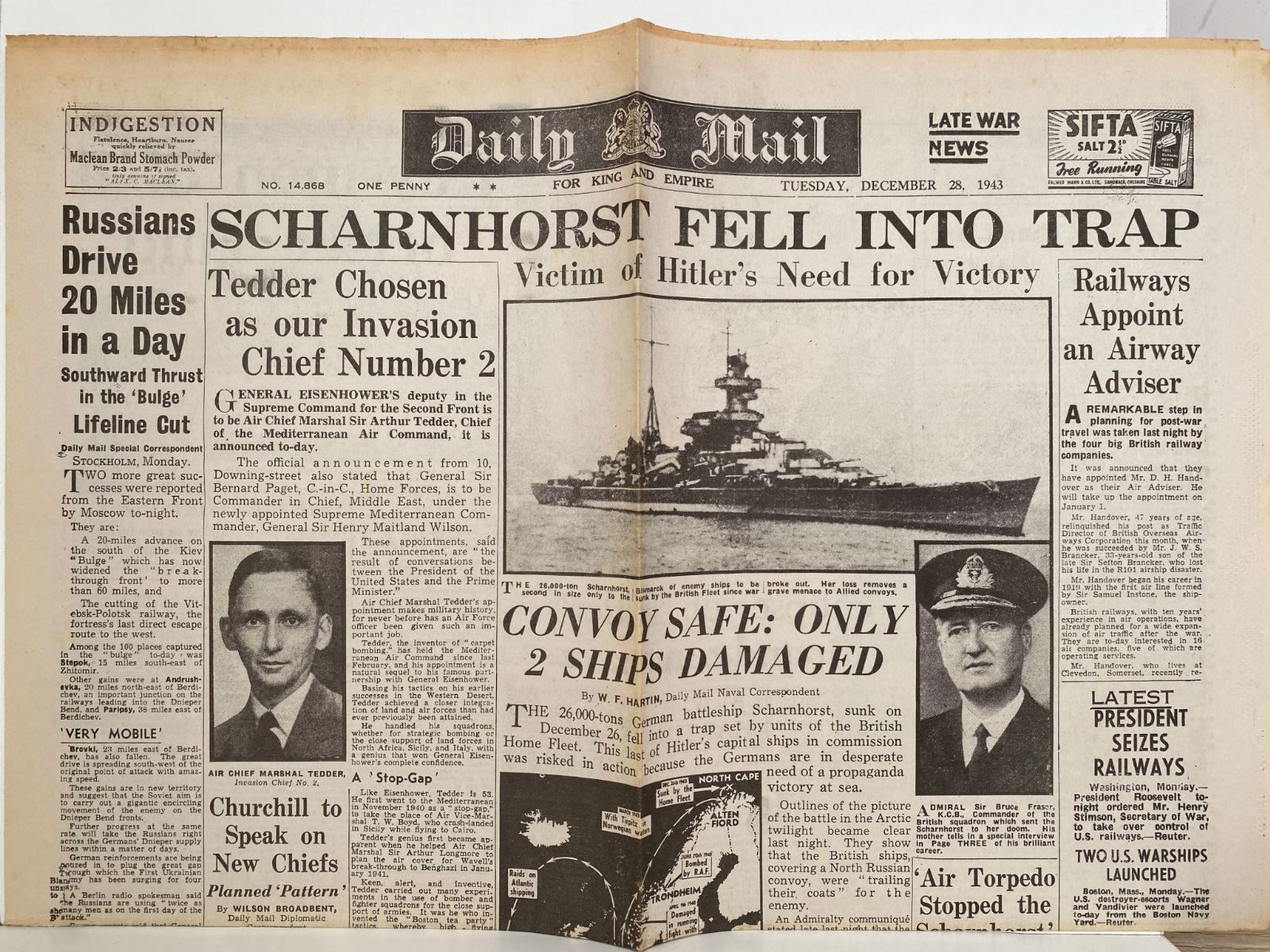 OLD WARTIME NEWSPAPER: Daily Mail, Tuesday 28th December 1943