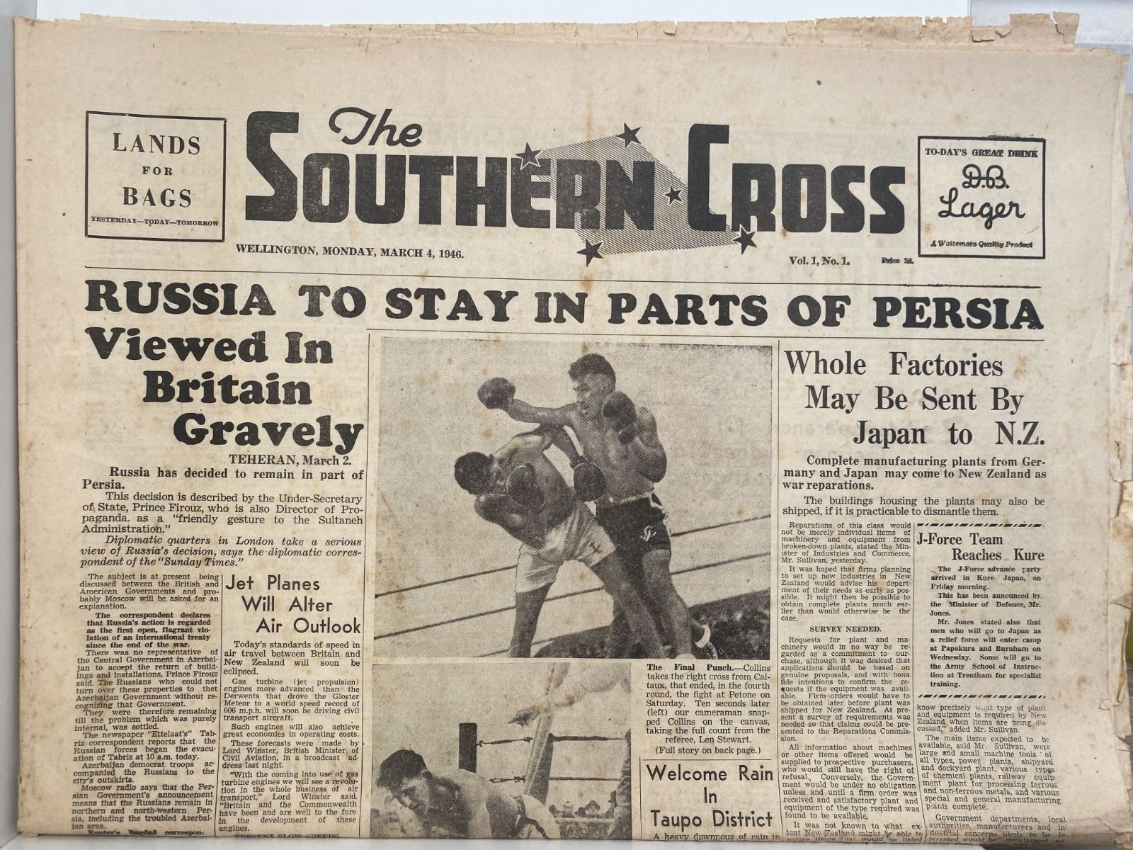OLD NEWSPAPER: The Southern Cross, Wellington - Vol. 1, No. 1 - 4 March 1946
