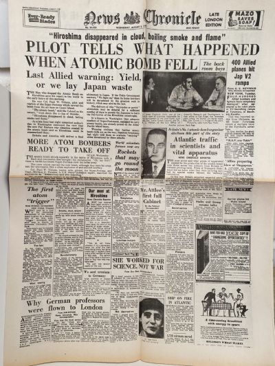 OLD WARTIME NEWSPAPER: News Chronicle, Wednesday 8th August 1945