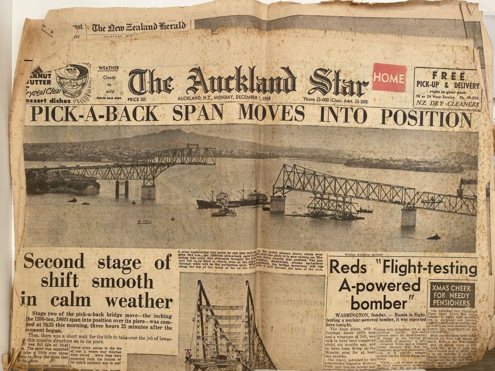 OLD NEWSPAPER: Auckland Star - Harbour Bridge construction, 1 December 1958