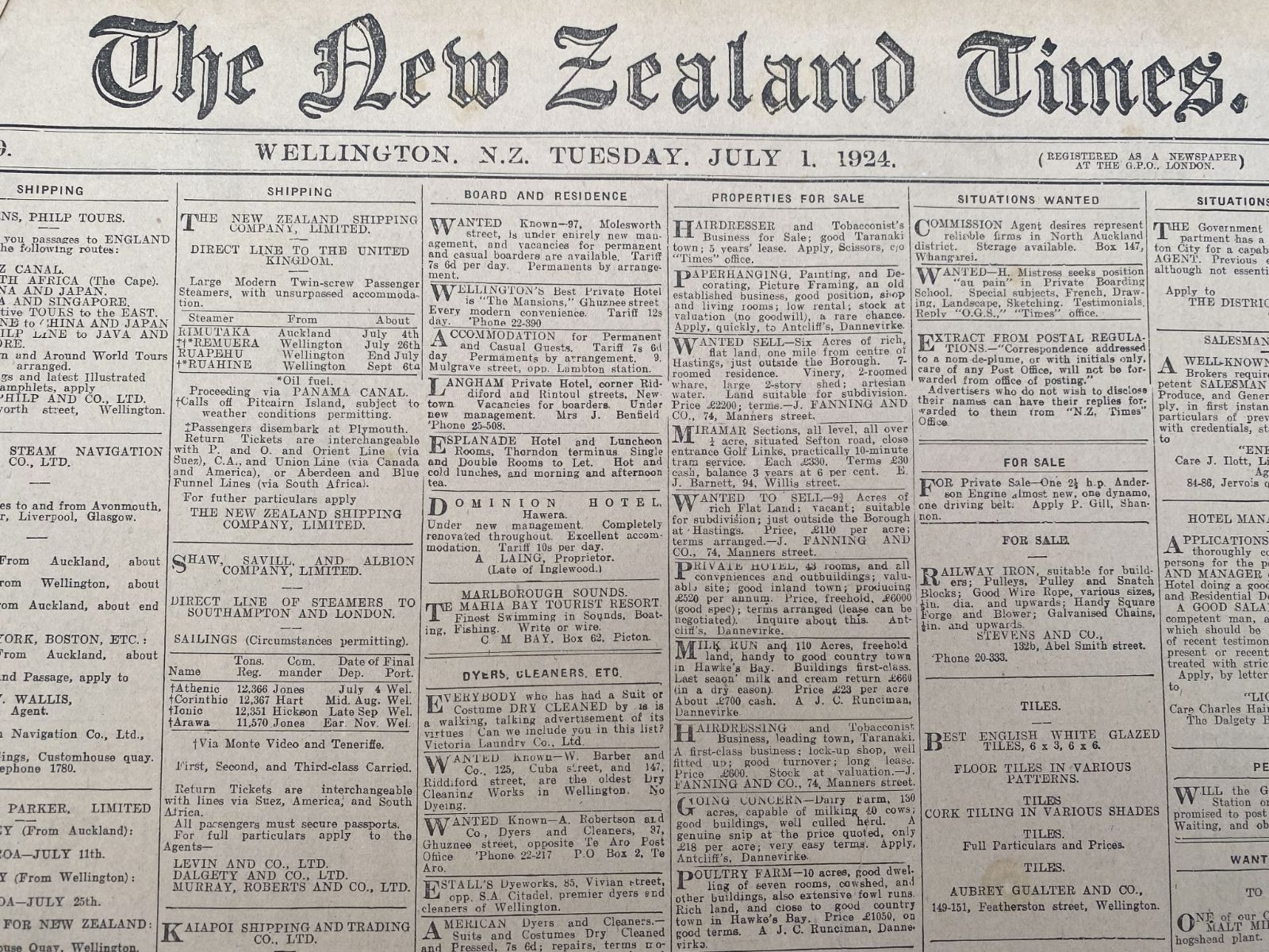 OLD NEWSPAPER: The New Zealand Times, Tuesday 1st July 1924