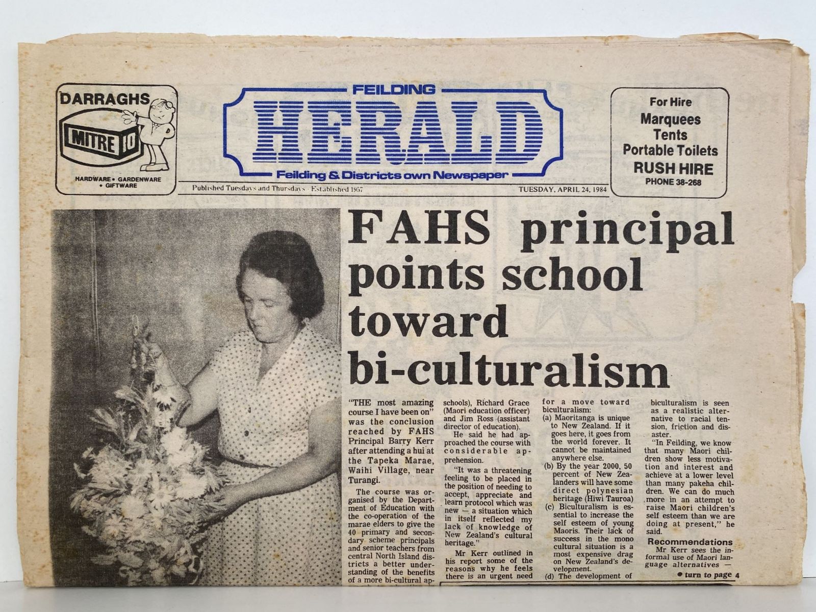 OLD NEWSPAPER: Feilding Herald, Feilding & Districts - Tuesday 24 April 1984