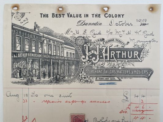 OLD INVOICE: J and J Arthur, Dunedin - Merchant Tailors, Hatters & Hosiers 1900