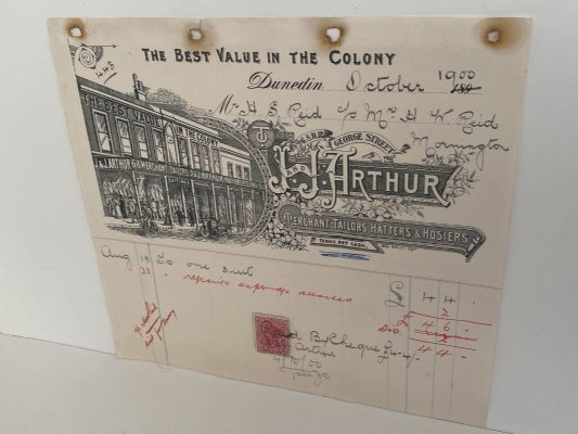 OLD INVOICE: J and J Arthur, Dunedin - Merchant Tailors, Hatters & Hosiers 1900