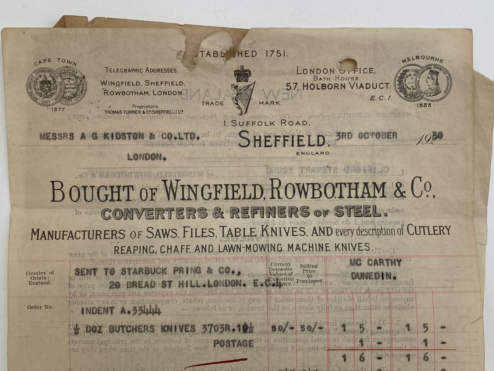 OLD INVOICE: Bought of Wingfield, Rowbotham & Co. London - Steel Refiners 1930